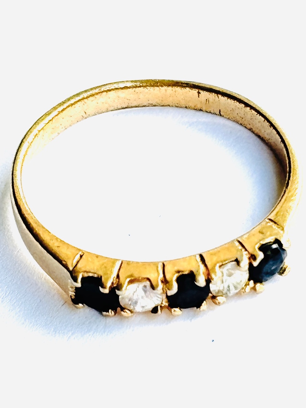 Vintage Sapphire & Clear Rhinestone Gold Tone Five Stone Band Ring Sz 7.75